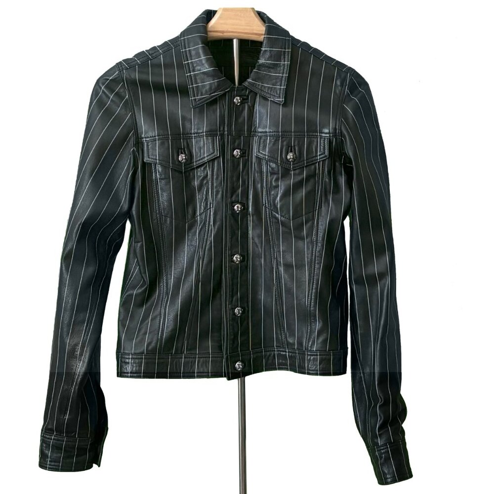 Chrome Hearts Black Leather Jean Jacket w/ White Pinstripe (Vintage)